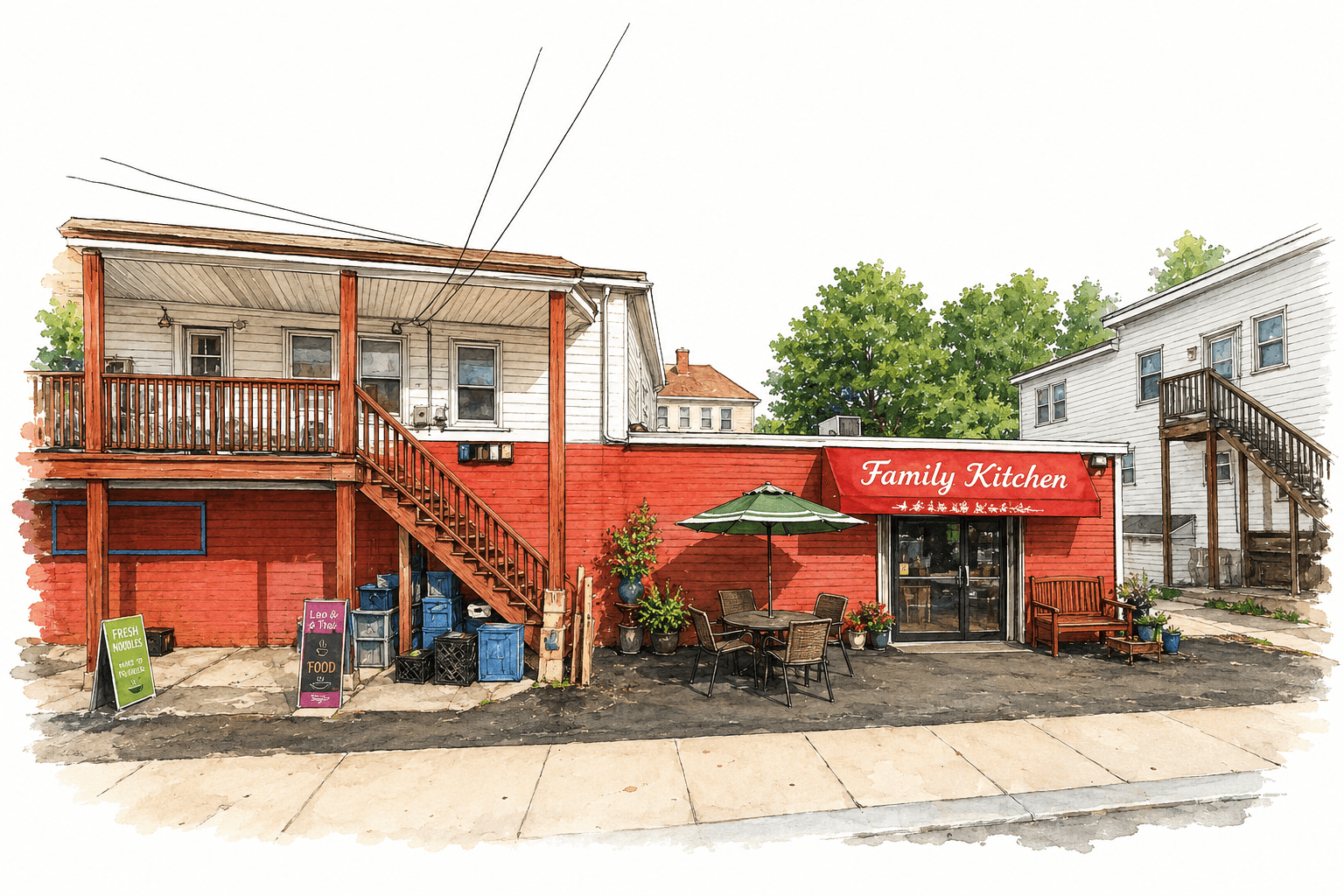 The Family Kitchen storefront — a small red-brick shop with a red awning and sidewalk seating